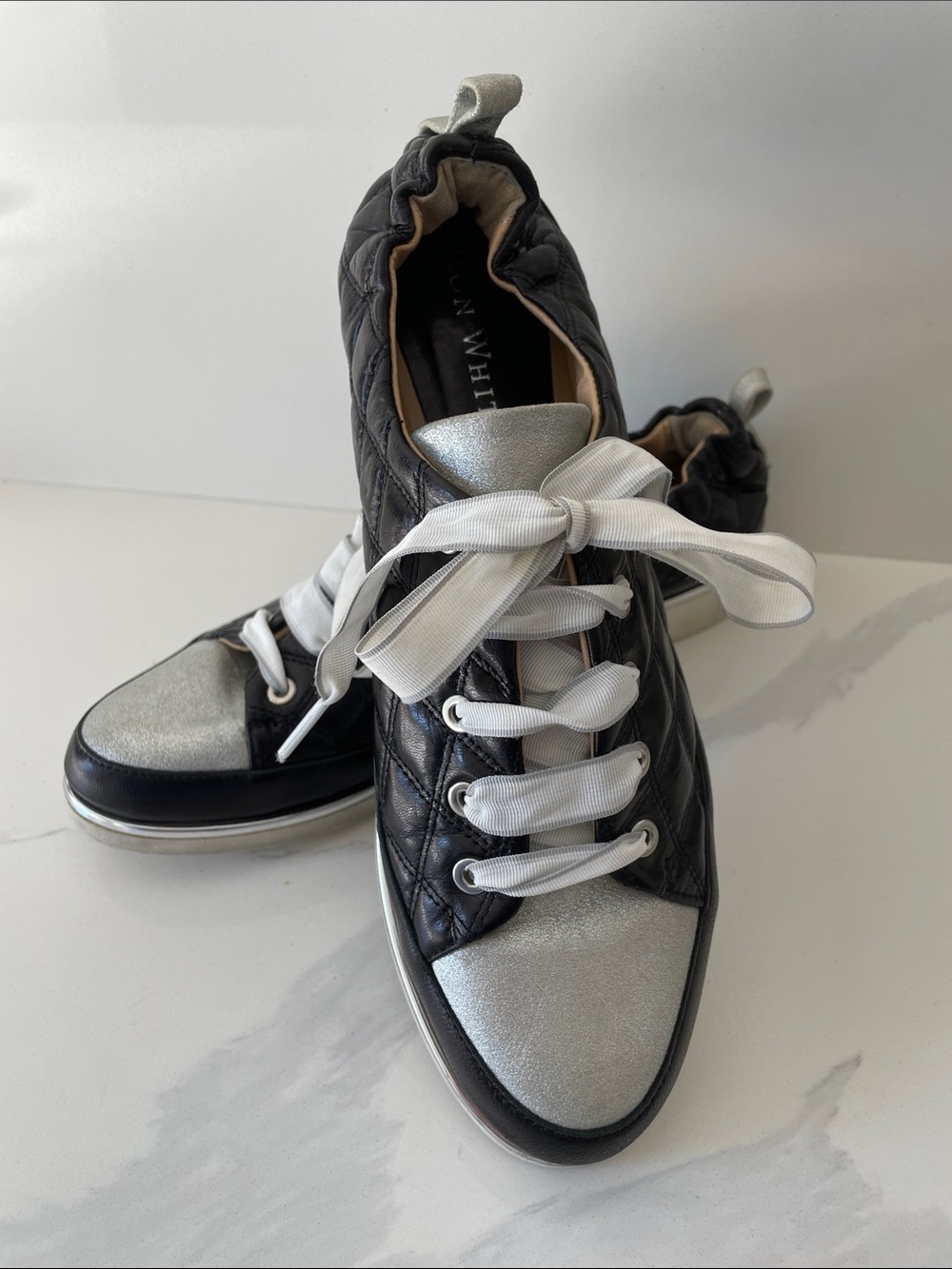 Ron White Quilted Leather Sneakers in Black/Silver, White Ribbon Laces Size 41